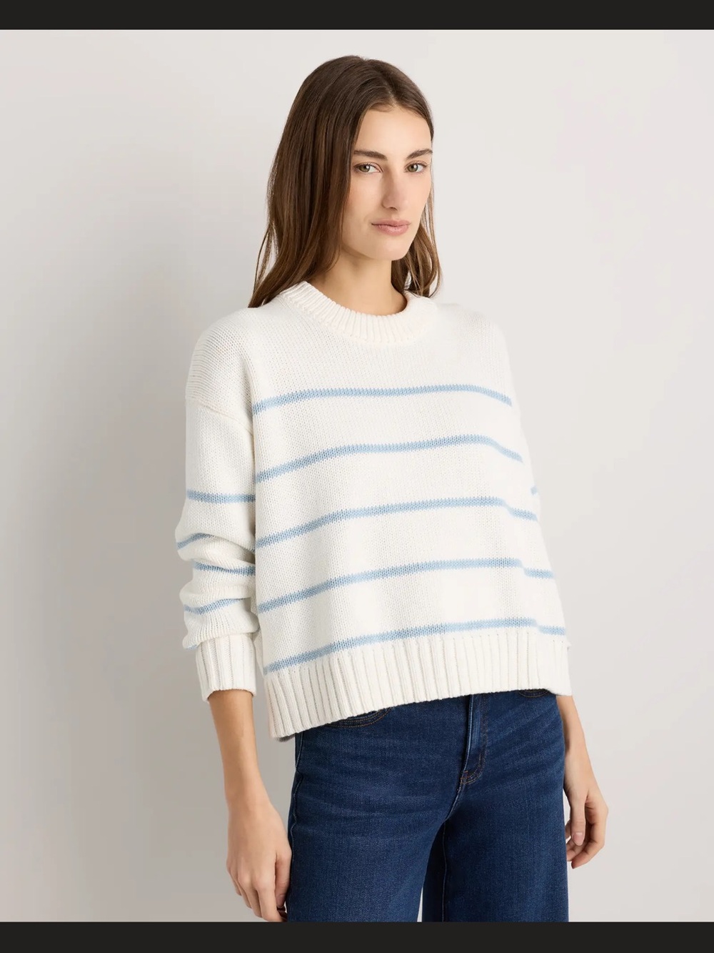 Quince Ivory Crewneck Sweater with Sky Blue Stripes XS